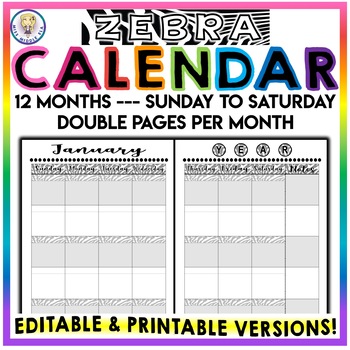 Preview of Editable & Printable - Monthly Calendar - Sunday to Saturday - ZEBRA