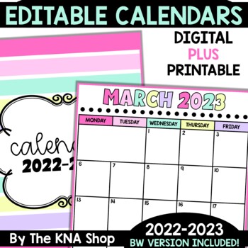 Preview of Editable Printable Monthly Calendars 2023-2024 Teacher Planner Back to School