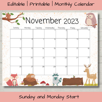 Preview of Editable Printable November 2023 Calendar | Monday & Sunday Start
