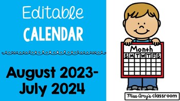 Preview of Editable Printable School Year Calendar- August 2023-July 2024