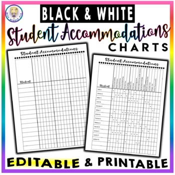 Preview of Editable & Printable Student Accommodations Chart for Teachers - BLACK AND WHITE