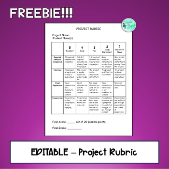 Preview of Editable Project Rubric - Freebie!