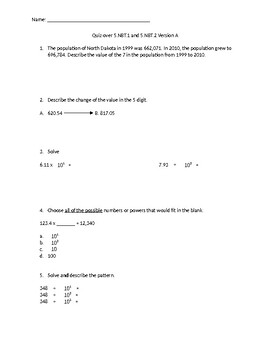 Editable Quiz over 5.NBT.1 and 5.NBT.2: Comparing Place Value and ...