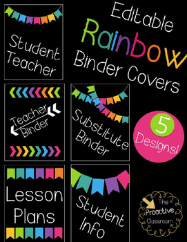 Preview of Editable Binder Covers - Rainbow 5 Designs - Classroom Decor Theme