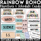 Editable Rainbow Boho Schedule and Objectives Cards