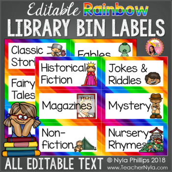 Preview of Rainbow Library Book Bin Labels - Editable