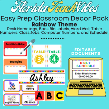 Preview of Editable Rainbow Theme Classroom Decor Pack