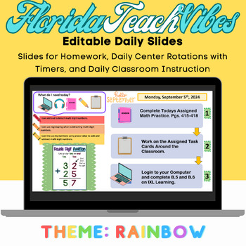 Preview of Editable Rainbow Theme Daily Lesson Slides Templates with Timers