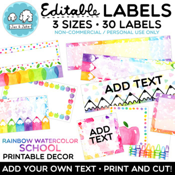 Preview of Editable Rainbow Watercolor Classroom Decor Labels - Name Tags, Book Bins, Cart