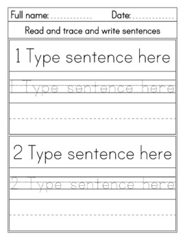 Editable Reading And Tracing And Writing Sentences Worksheets for ...
