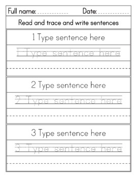 Editable Reading And Tracing And Writing Sentences Worksheets for ...