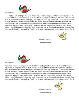 Preview of Editable- Reading Log Letter for Parents - Nightly Reading