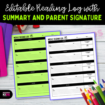 Preview of Editable Reading Log with Summary and Parent Signature
