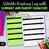 Editable Reading Log with Summary and Parent Signature