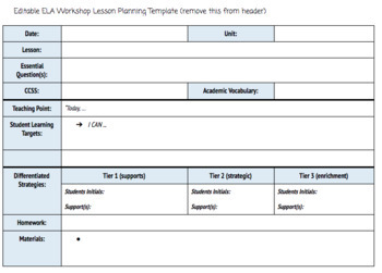 Preview of Editable Reading & Writing Workshop Lesson Planning Template - Backwards Design