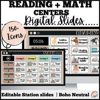 Preview of Editable Reading and Math center rotation slides with timers and icons