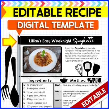 Preview of Editable Recipe Template for students Digital and Print Included