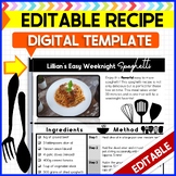 Editable Recipe Template for students Digital and Print Included