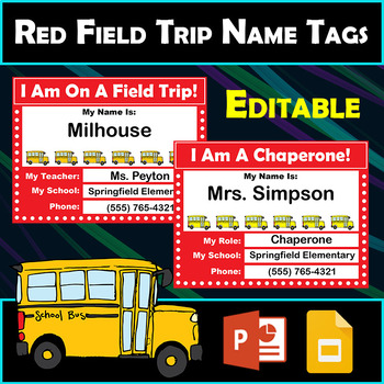 Preview of Editable Red Field Trip Name Tags for Students & Chaperones - PreK Kindergarten