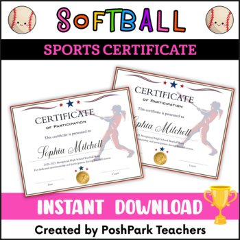 Preview of Editable Softball Participation Award Certificate for Girls