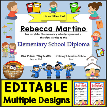 Preview of Religious Diplomas for Grades 1-6, Elementary School Editable, Christian Theme