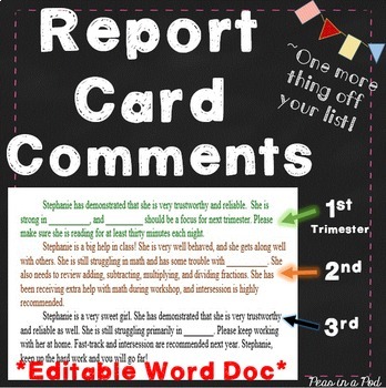 Preview of Report Card Comments Trimester Progress Parent Teacher Conference Forms Editable