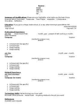 Preview of Resume template for high school students creating a resume(Editable resource)