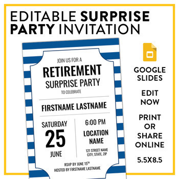 Preview of Editable Retirement Surprise Party Invitation
