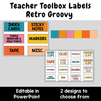 Preview of Editable Retro Groovy Teacher Toolbox Labels | Organization | 2 Designs