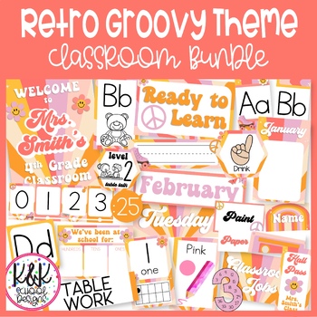 Preview of Editable Retro Groovy Theme Classroom Decor Bundle | Editable Growing Bundle