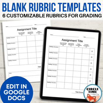 Preview of Editable Rubric Templates Google Docs Blank, Grading & Student Self Assessment