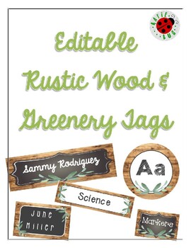 Preview of Editable Rustic Wood and Greenery Name Plates, Name Tags, Labels