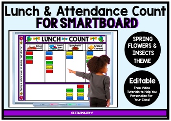 Preview of Editable SMARTboard Lunch and Attendance Count - Spring Flowers & Insects Theme