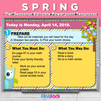 Preview of Editable SPRING Owl Themed Morning Work PowerPoint Templates