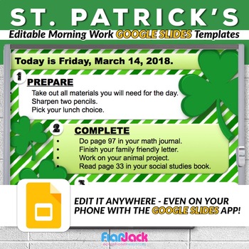 Preview of Editable ST. PATRICK'S DAY Morning Work GOOGLE SLIDES Templates