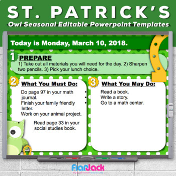 Preview of Editable ST. PATRICK'S DAY Owl Themed Morning Work PowerPoint Templates