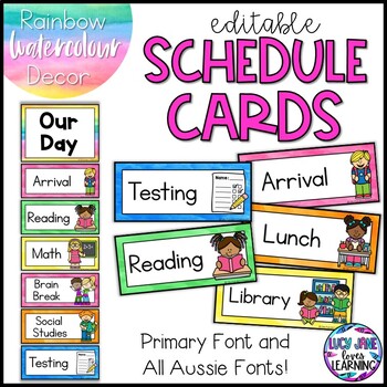 Editable Schedule Cards | Visual Timetable | Watercolor Rainbow | TpT