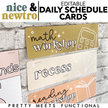 Preview of Editable Schedule and Time Cards with Doodle Pictures in Boho Retro Decor Theme