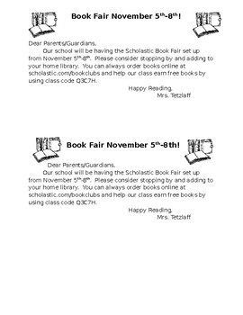 Preview of Editable Scholastic Book Fair Parent Reminder Note