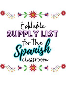 Preview of Editable School Supply List for the Spanish Classroom