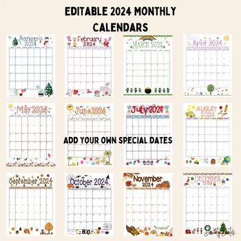 Preview of Editable 2024 Monthly Calendars