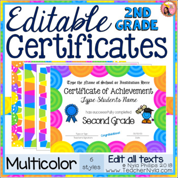 Preview of Editable Second Grade Certificates for End of Year - Bright Multicolor