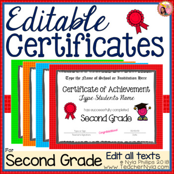 Preview of Editable Second Grade Certificates for Graduation - Bright Borders