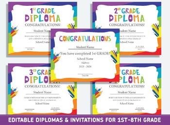 Preview of Editable Second Grade Diploma, 1st-8th Grade Diploma, Certificate of Completion