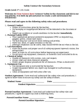 Preview of Editable Secondary Science Safety Contract With Response plan