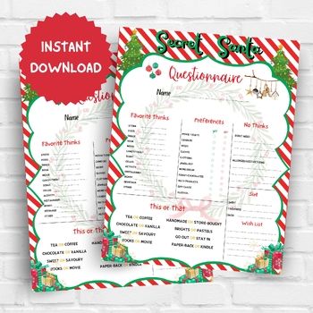 Editable Secret Santa Questionnaire template for work/office/family Gift