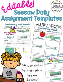 Preview of Editable Seesaw Daily Assignment Templates - Distance Learning