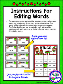 Editable Sight Word Bingo Game - Christmas Elves Bingo by Polliwog Place