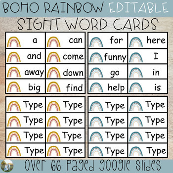 Preview of Editable Sight Word Cards - Boho Rainbow Word Wall - Every Dolch Word