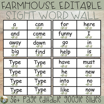 Preview of Editable Sight Word Cards - Farmhouse Greenery Word Wall - Every Dolch Word